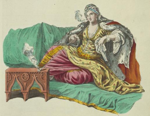 Pipázó török nő Charles de Ferriol viseletkönyvéből (1707)